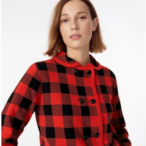 J. Crew Sweater Jacket Plaid Red Black - Picture 2 of 13